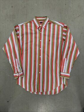 Vintage 90s Ralph Lauren Multicolor Red White Green Striped Button-Down Shirt S